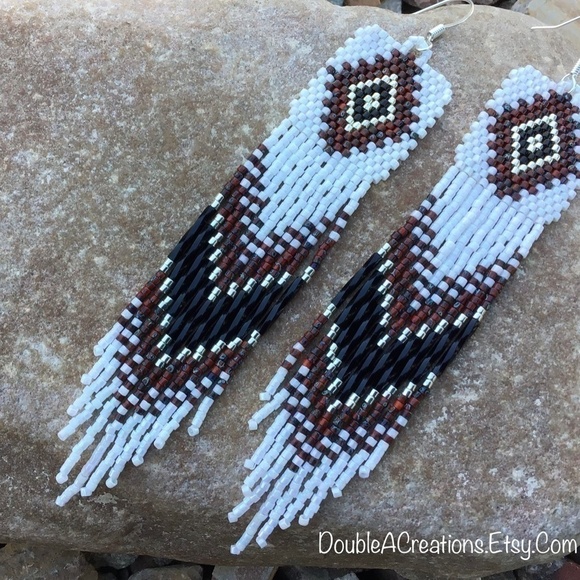 Picasso Red and Black Native Diamond Beaded Earrings with Long Fringe, H… - Picture 5 of 7